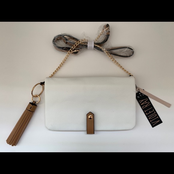 White/Tan/Gold Clutch Crossbody Bag - Picture 1 of 4